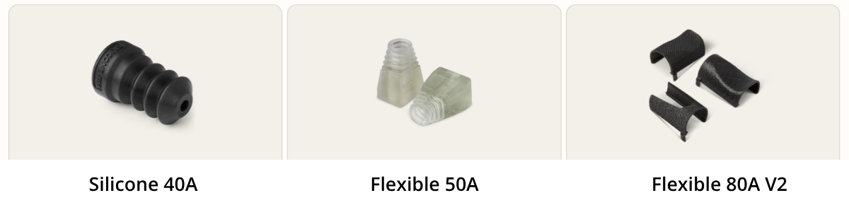 3D printed parts in different elastomers